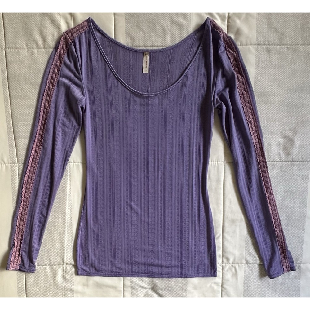 Free People Tonal Lace Sleeve Pointelle Scoop Neck Top Lavender & Pink Lace